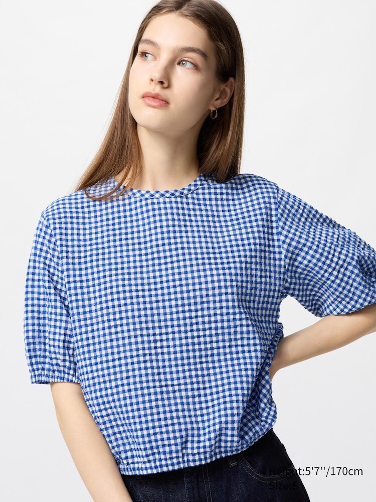 

Блуза из ткани сирсакер в клетку с коротким рукавом Uniqlo, цвет 65 синий