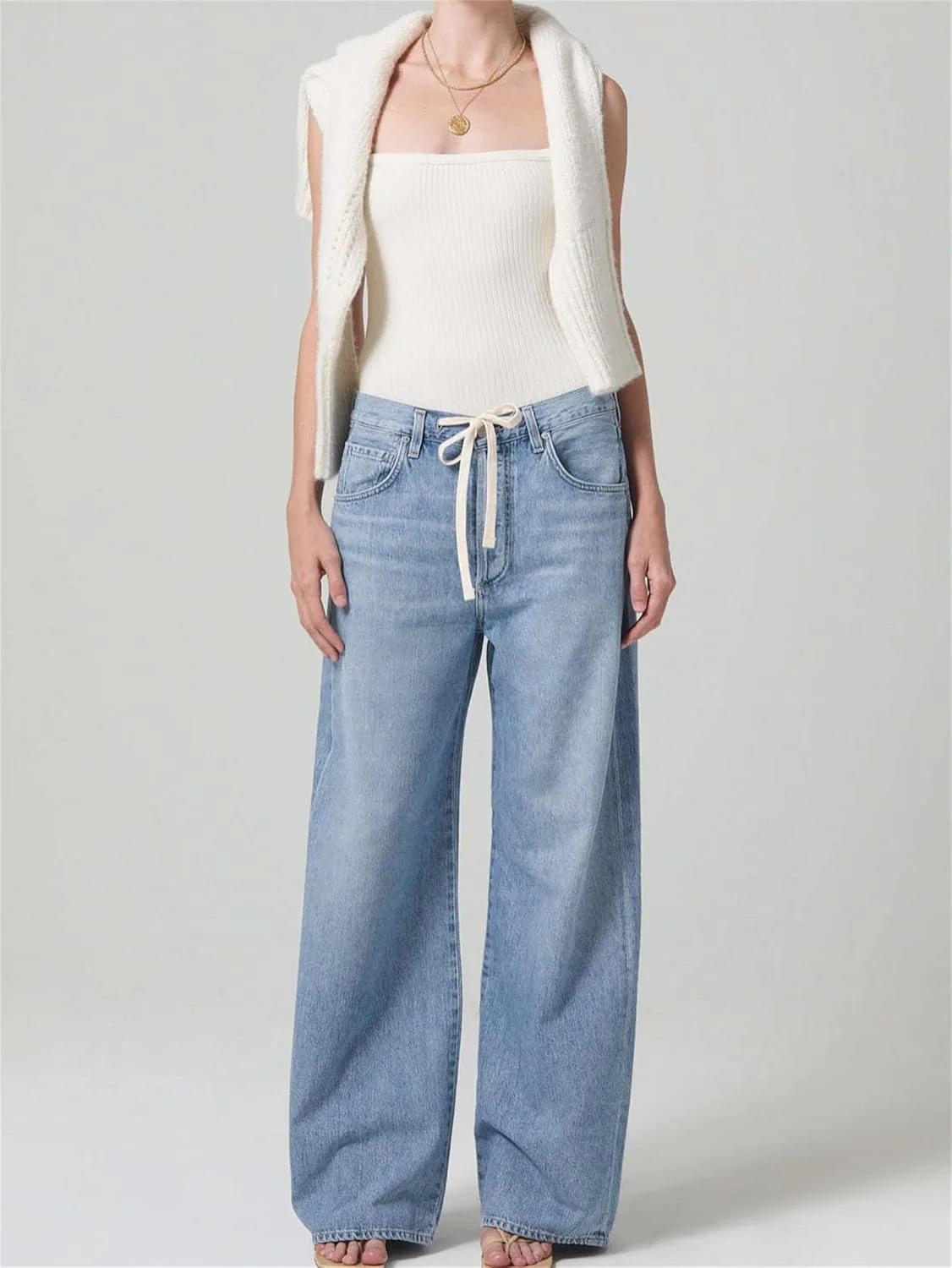 Женские джинсы Wide Leg с завязками, прямые, потертые — фото 2