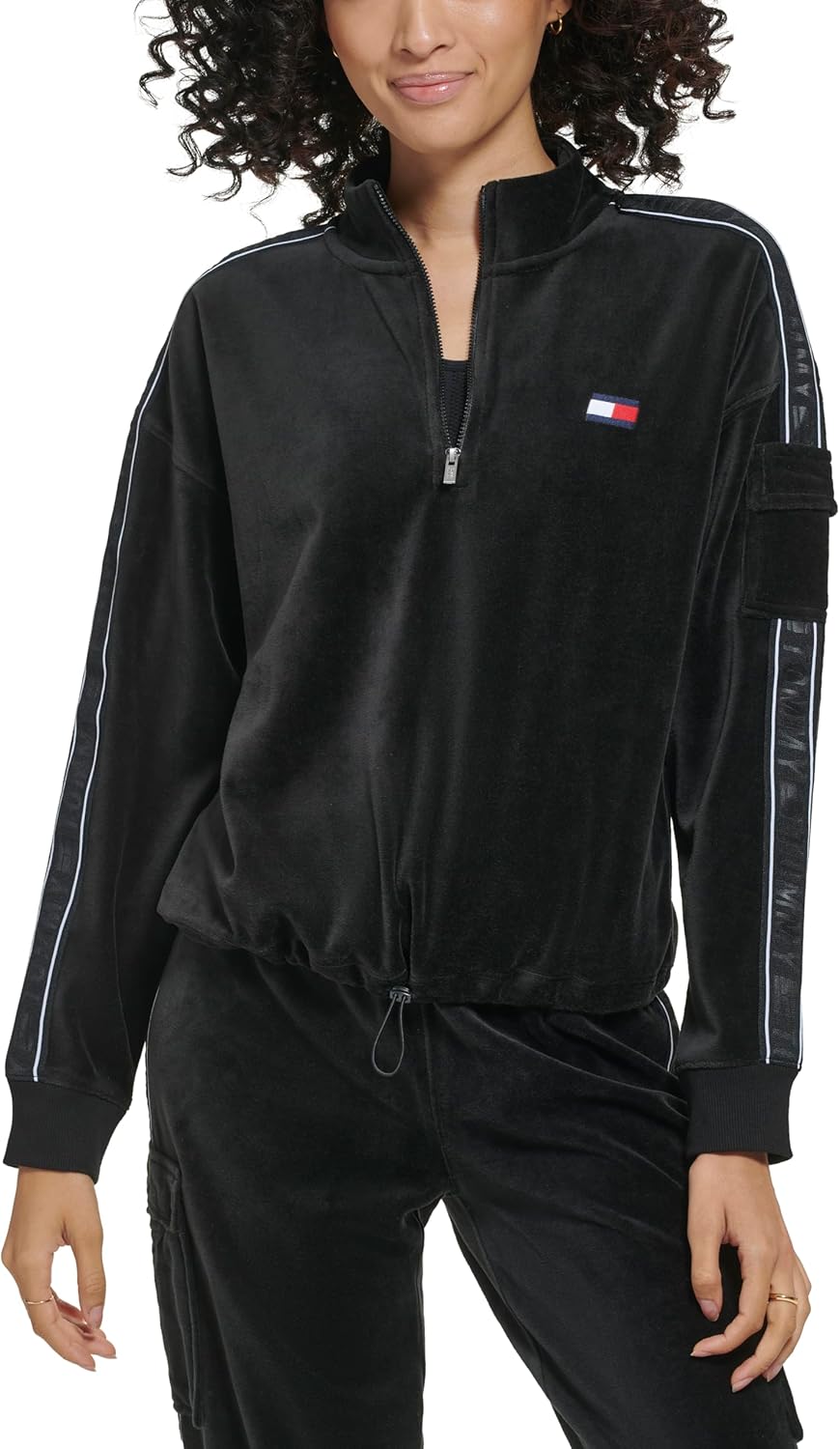Женская велюровая толстовка-карго Tommy Hilfiger с застежкой-молнией Quarter Zip, Black — фото 2