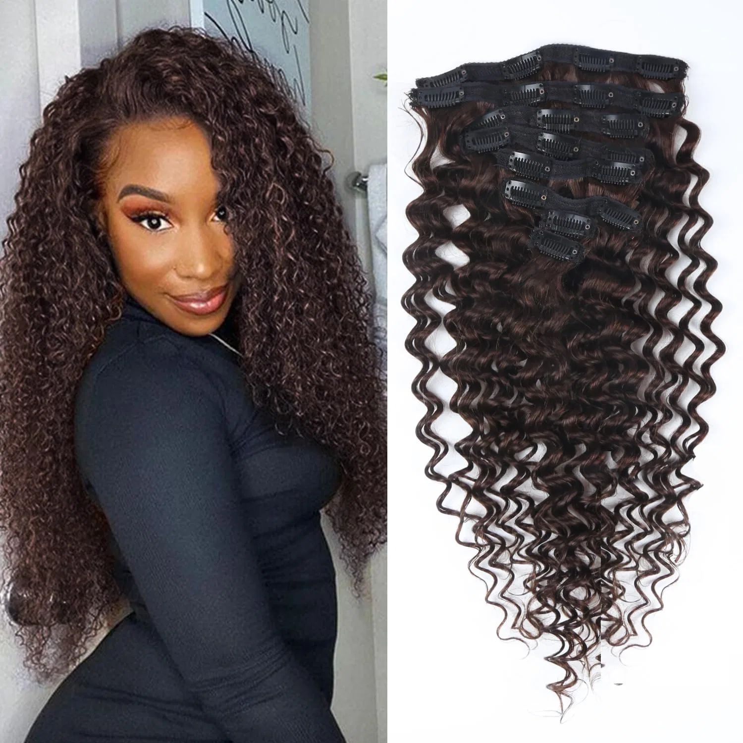 Накладные пряди для волос «Deep Wave» на заколках, 55 см, темно-коричневые Generisch, Dark Brown Dw