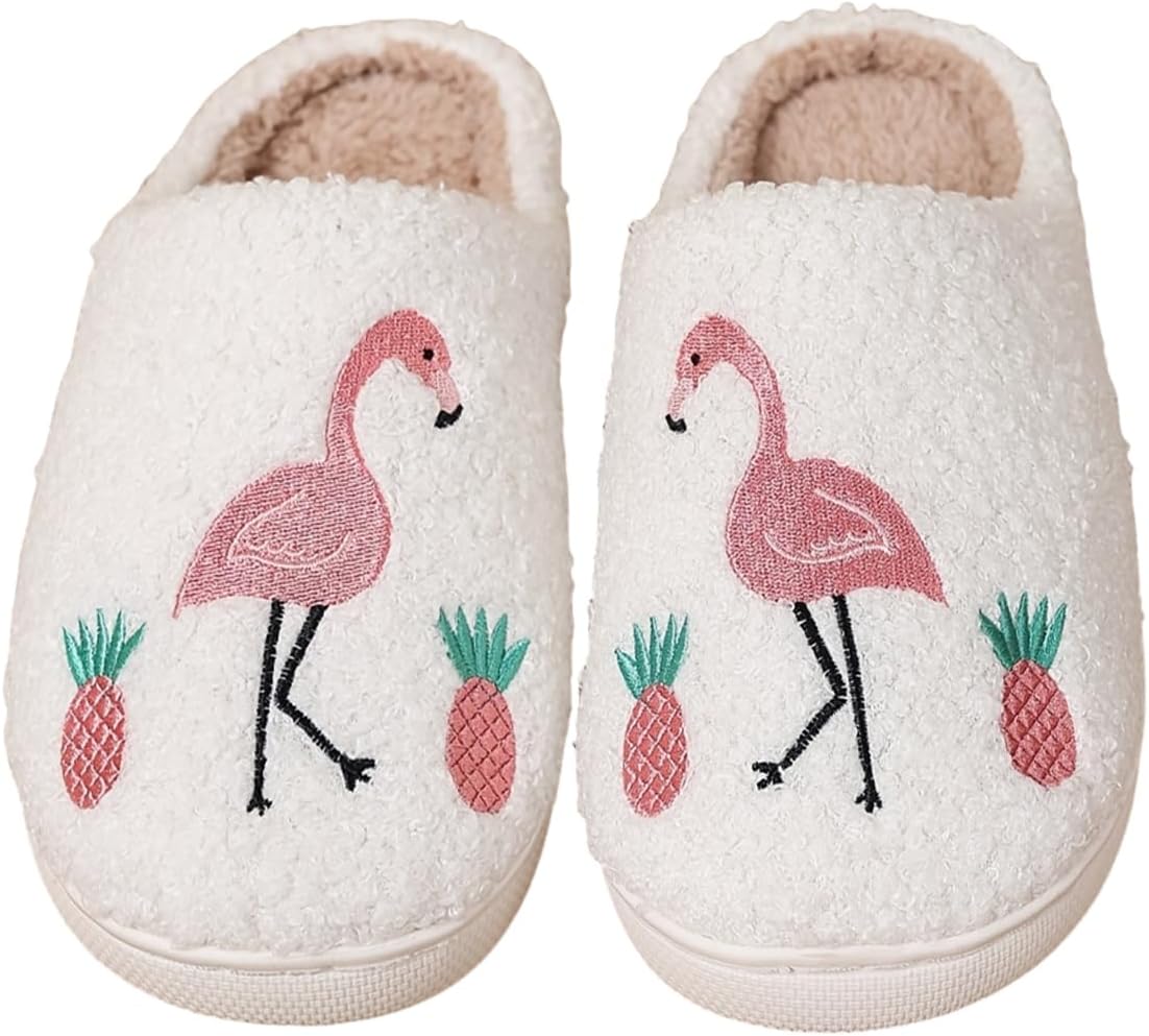 

Женские и мужские тапочки NMHOO с растительными, животными и фруктовыми принтами, ретро, уютные, пушистые, с вышивкой, с утепленной подошвой из памяти формы, для дома и улицы, Flamingo