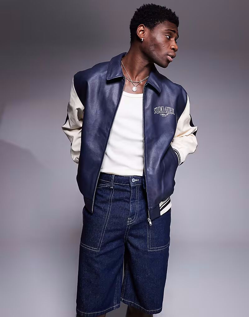 

Куртка для мотокросса ASOS DESIGN свободного кроя из искусственной кожи темно-синего цвета с контрастными рукавами