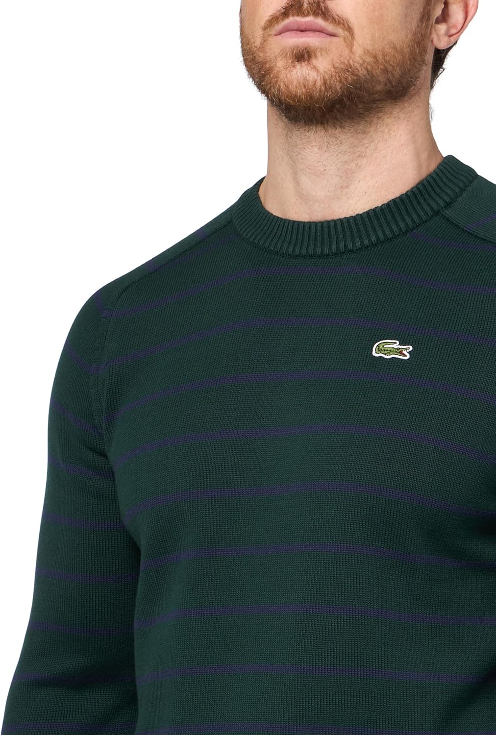 Lacoste мужской полосатый 3D вязаный хлопковый свитер с круглым вырезом, Sinople/Navy Blue — фото 3