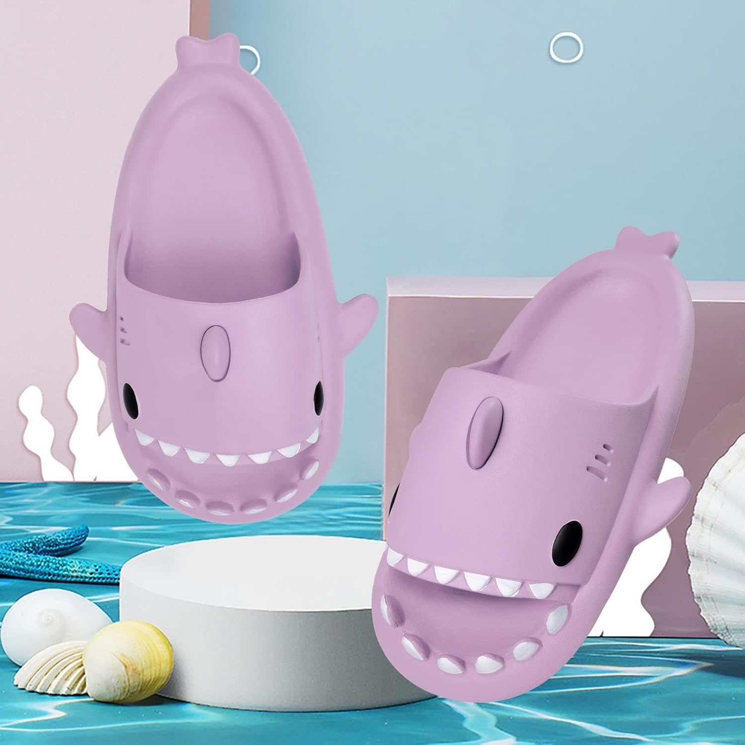 Шлепанцы MoneRffi Shark для женщин и мужчин, Cloud Shark, оригинальные открытые сандалии, милые тапочки в виде акулы, нескользящие для пляжа, бассейна и душа, фиолетовый — фото 2