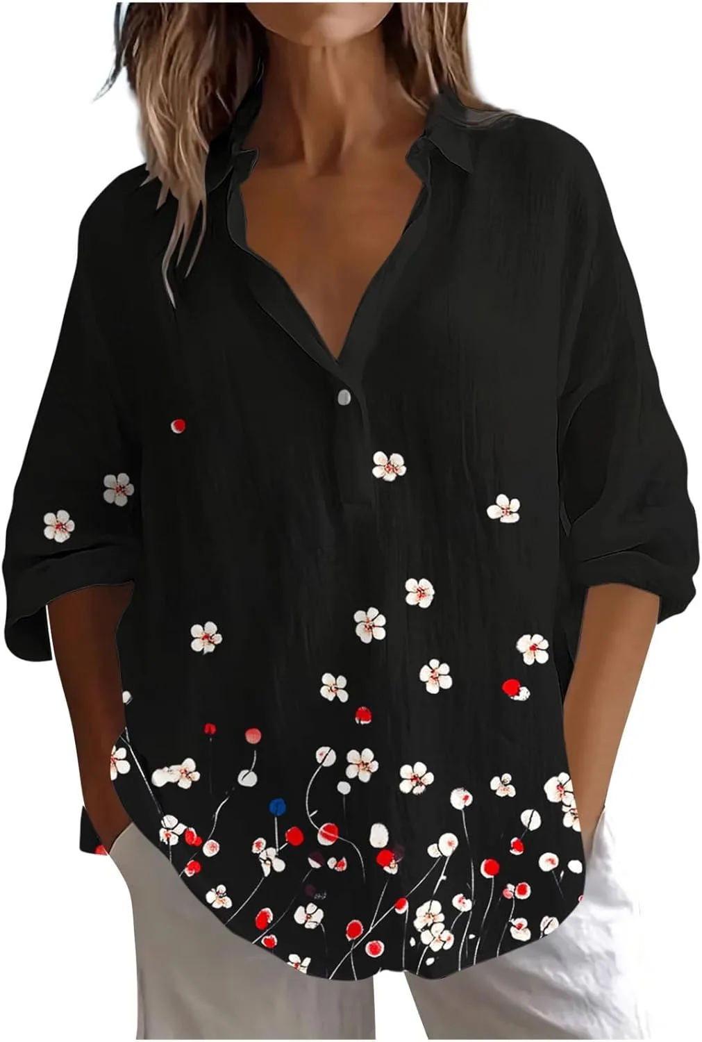 

Женская блузка свободного кроя с длинным рукавом и высоким воротником