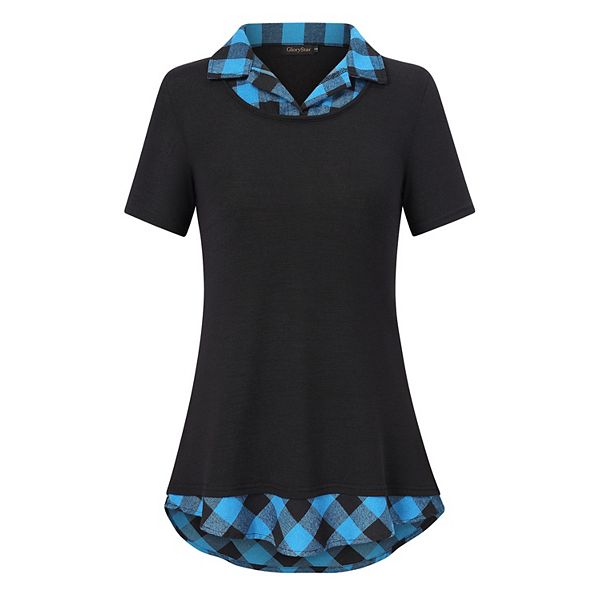 

Женская блуза с коротким рукавом и контрастным воротником в стиле пэчворк Clearflower, Black With Blue Plaid