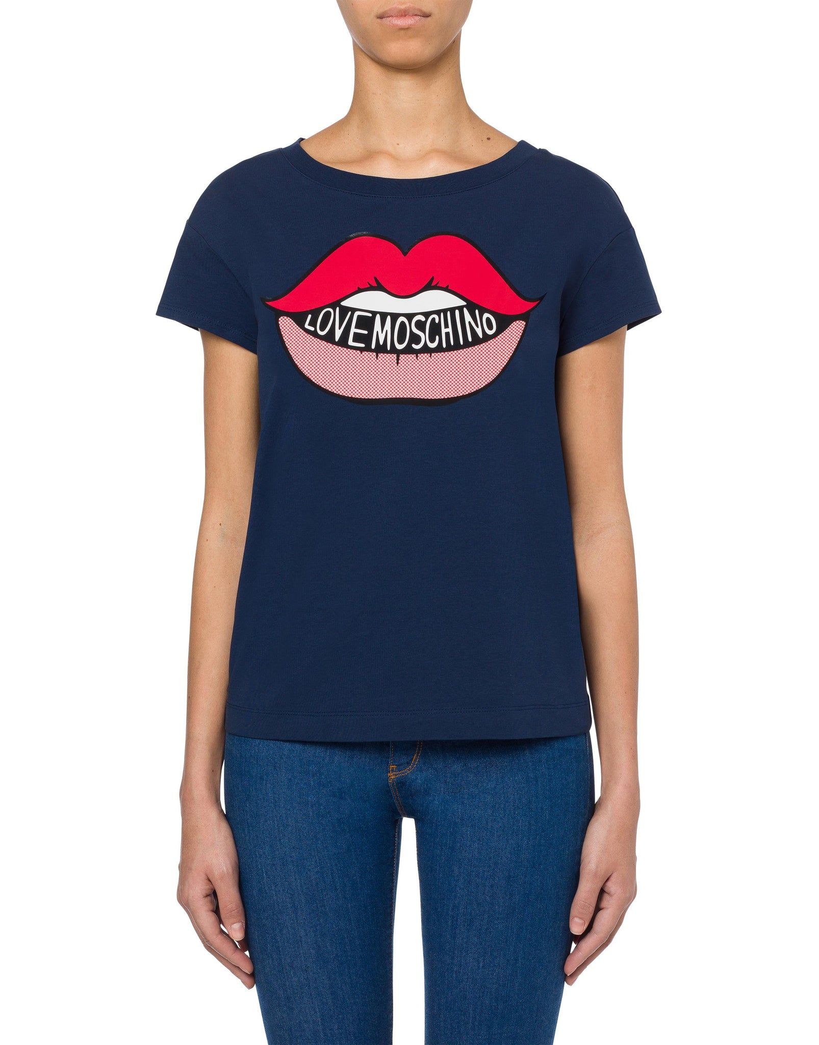 

Женская футболка из хлопка темно-синего цвета LOVE MOSCHINO