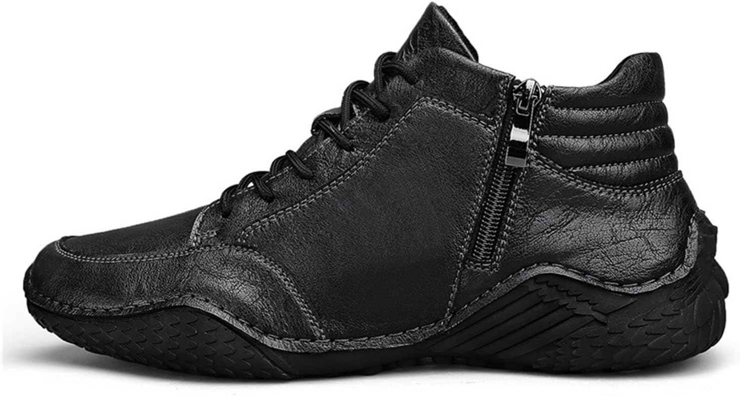 

Мужские модные кроссовки из кожи с шнуровкой, спортивные ботинки до щиколотки, ручная прошивка, кожаная обувь для улицы, повседневная, нескользящая, для бега, спорта и походов, с боковыми молниями для мужчин Generic, черный