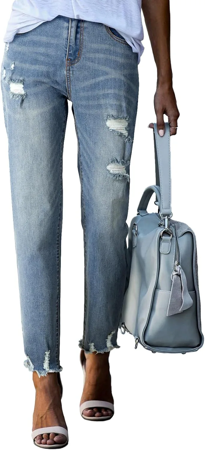 

EVALESS Женские джинсы с высокой посадкой, утягивающие живот, прямые, с потертостями