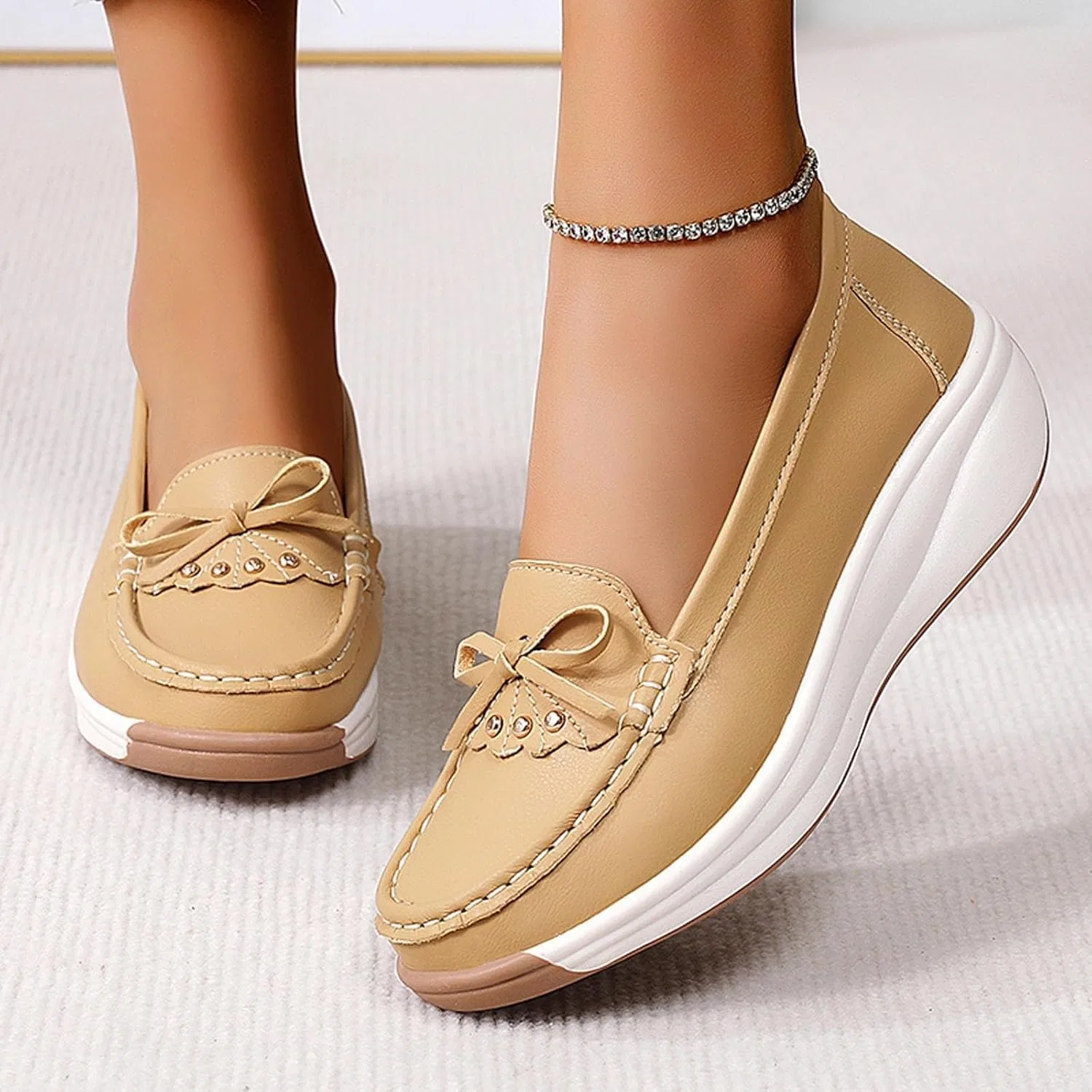 Лоферы женские из искусственной кожи, Slip On, Khaki Kldyj — фото 3