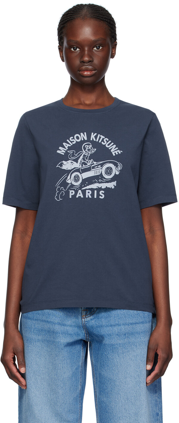 

Темно-синяя футболка Racing Fox Maison Kitsune, цвет Ink blue
