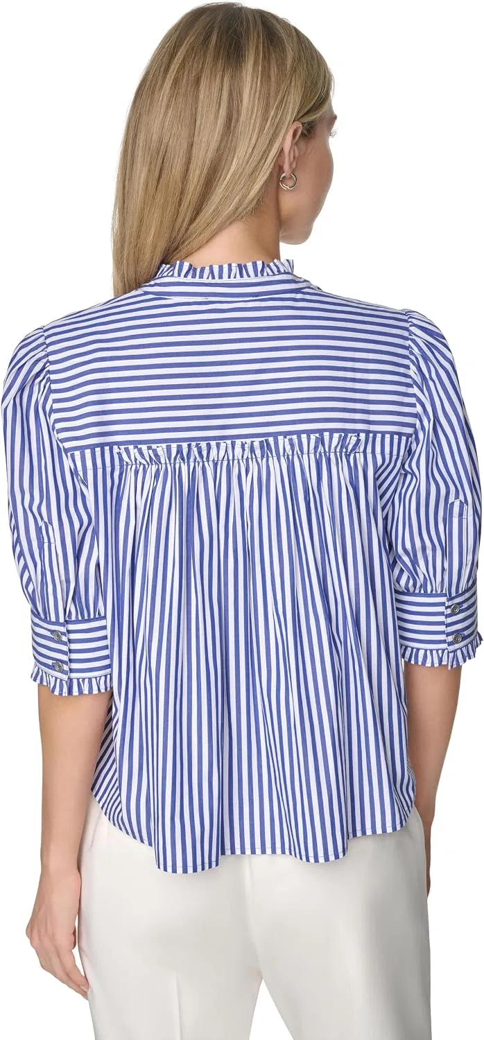Блуза, короткий рукав, фрил-нек, Tommy Hilfiger, сине-голубой/белый — фото 4