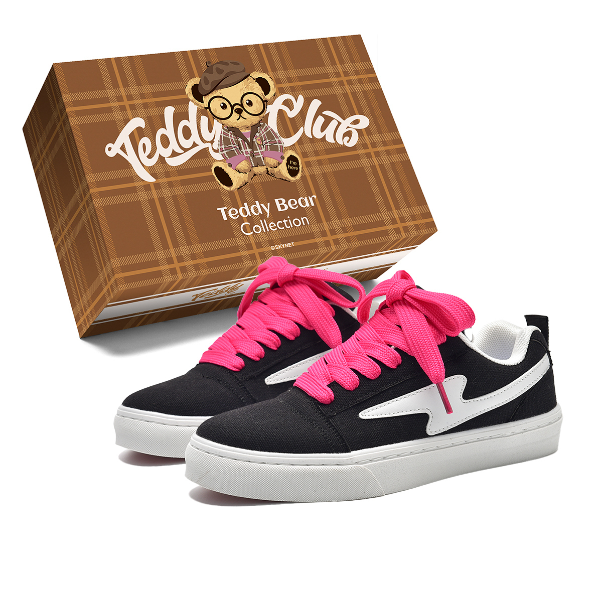 

Teddy Bear Collection Скользостойкие амортизирующие кроссовки с износостойкими свойствами низкие унисекс для скейтборда классический черный (шнурки розово-красные)