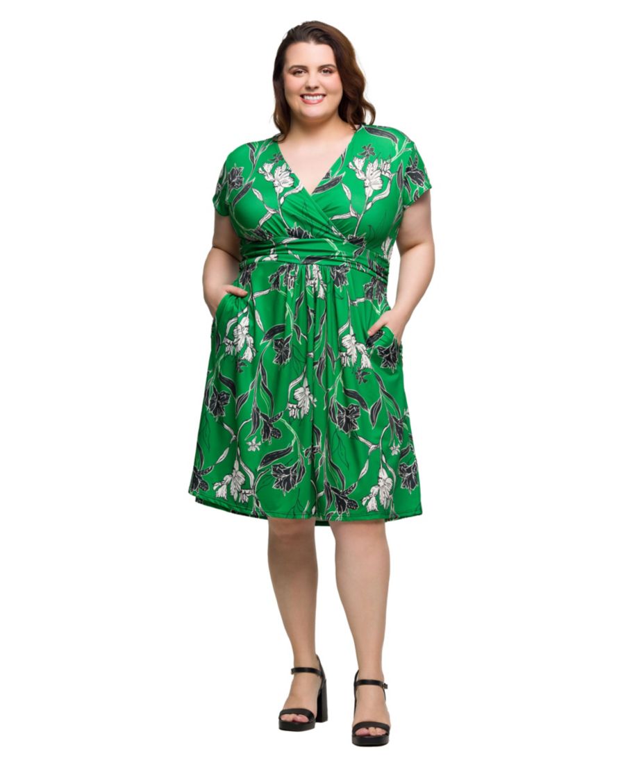 

Платье большого размера с короткими рукавами, V-образным вырезом, длиной до колена и карманами 24seven Comfort Apparel, Green Multi