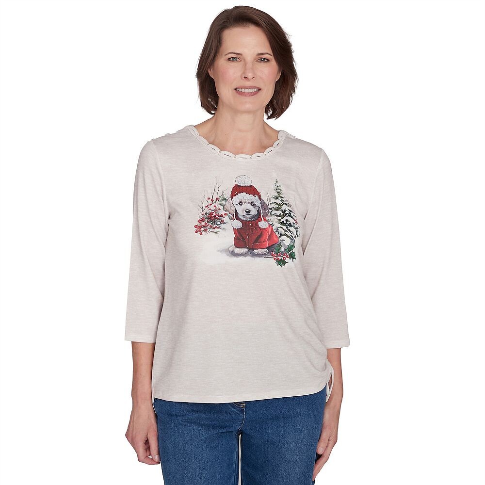 

Праздничный топ с кулиской Petite Alfred Dunner Festive Poodle, цвет Oatmeal