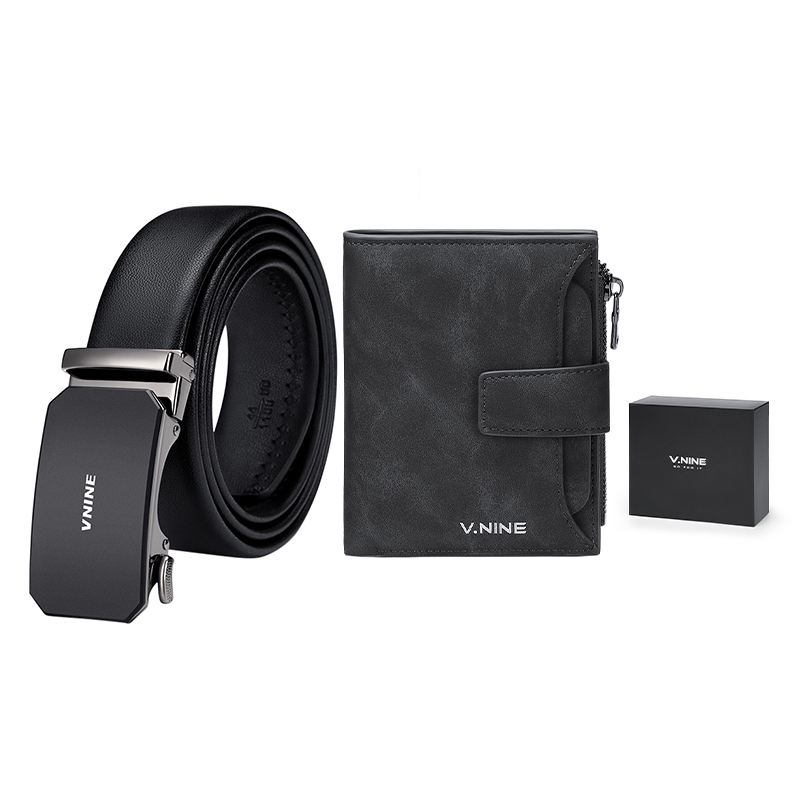 

V.NINE Мужской короткий кошелек из искусственной кожи для карт среднего размера черный коричневый синий, Black Wallet+Belt (120 Trimmable)