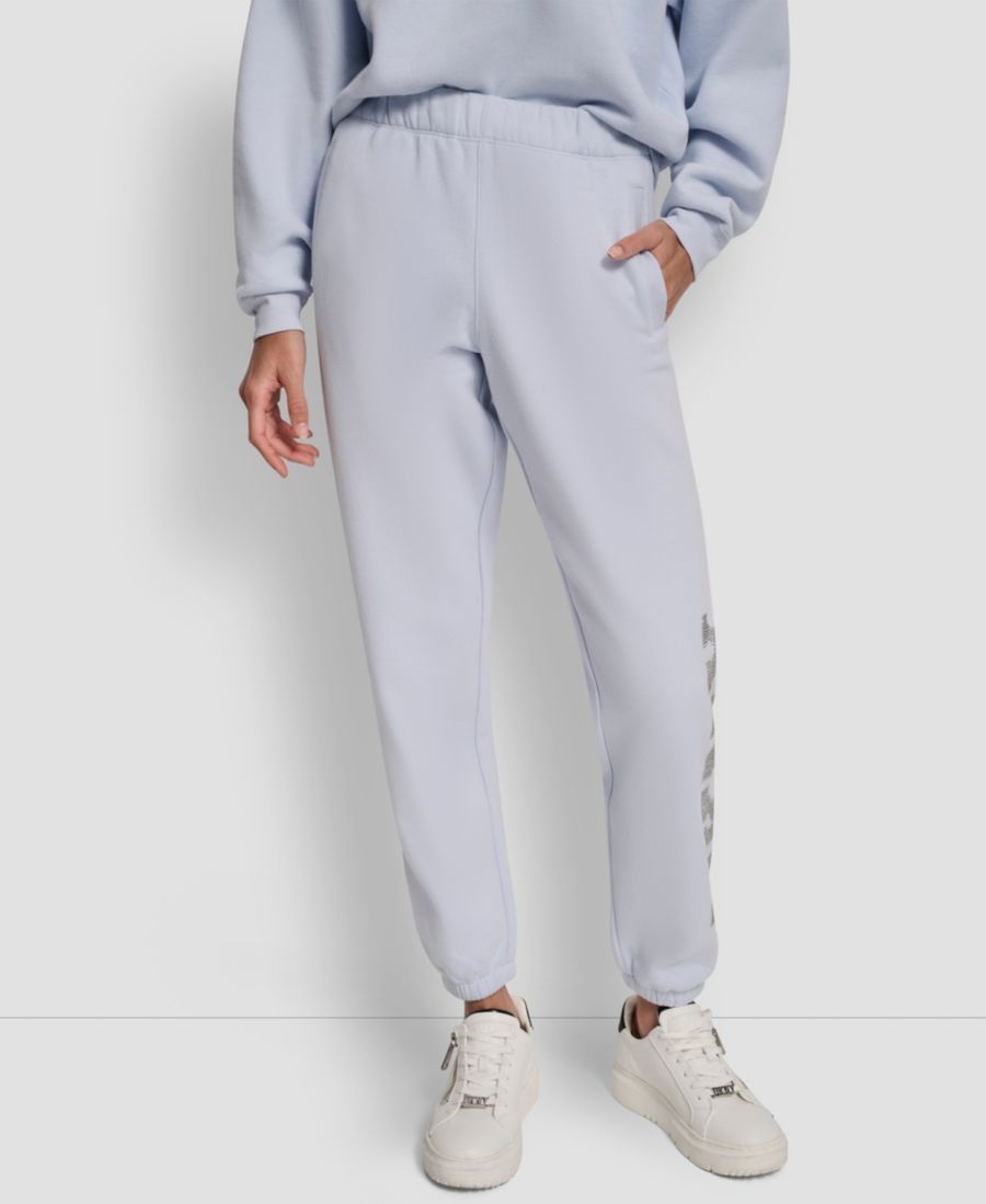 

Женские спортивные брюки с высокой посадкой и свободным кроем, украшенные стразами, в стиле университетской формы DKNY, Frost Blue