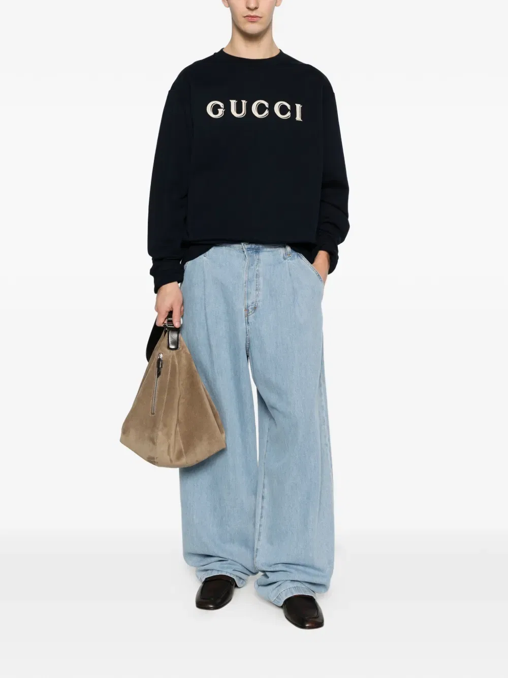 Свитер Gucci с круглым вырезом, надпись с логотипом, синий — фото 2