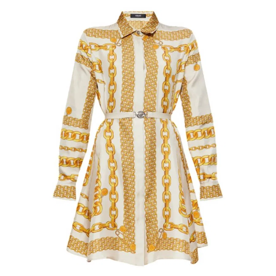 Шелковое мини-платье-рубашка Versace Treasure, Bone/Gold