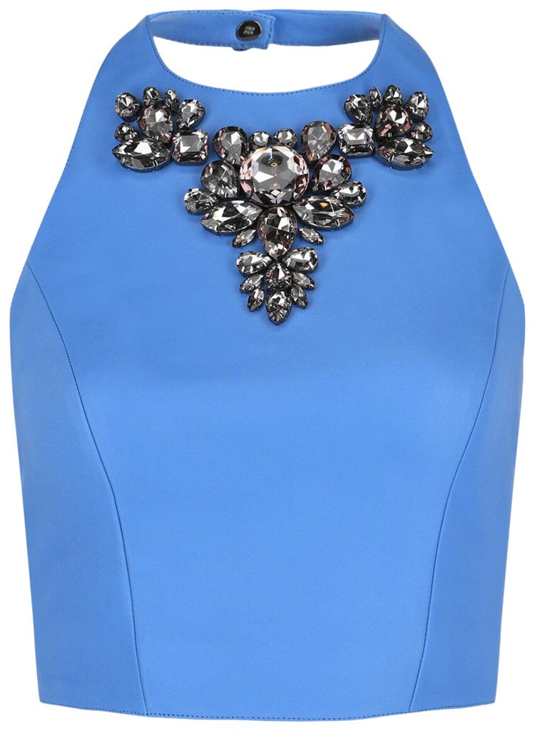 

Кожаный топ Givenchy с бретелькой через шею и вышитыми камнями, синий