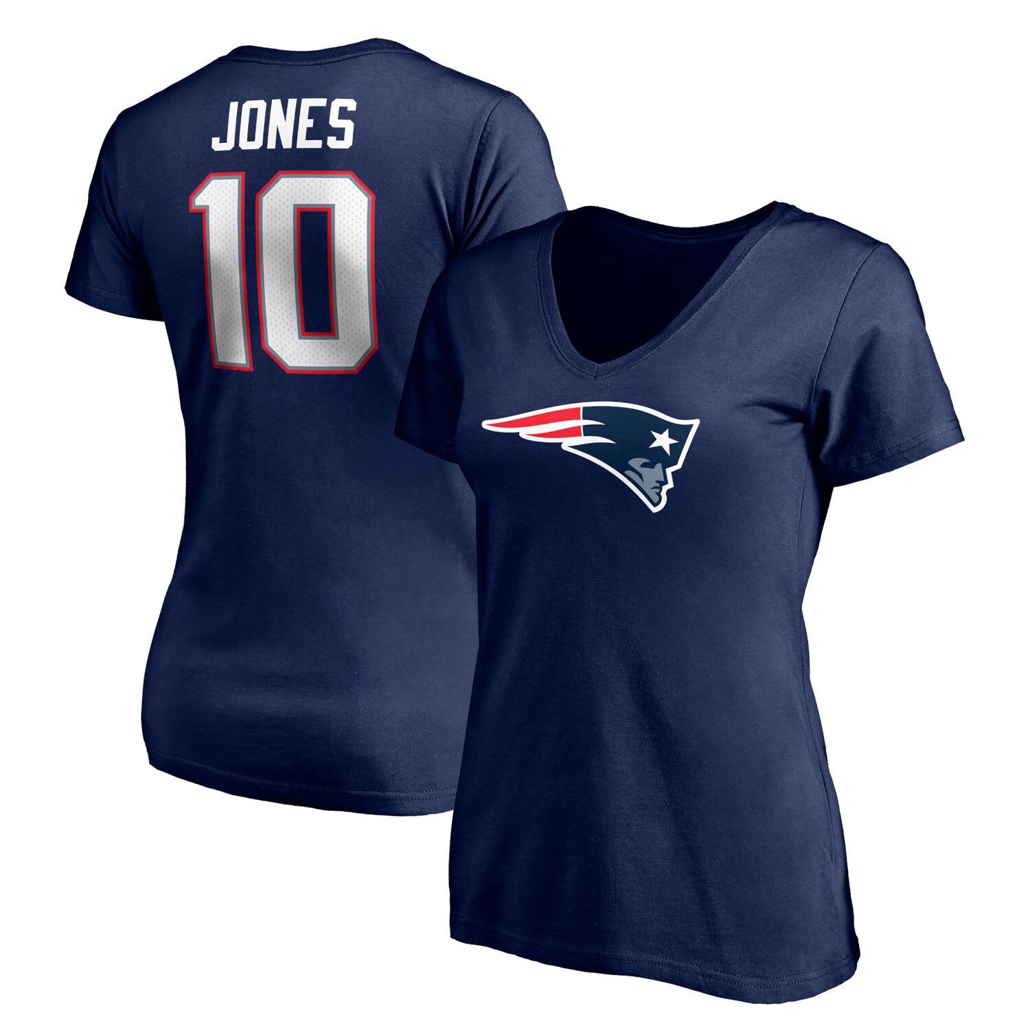 

Женская футболка Fanatics с логотипом Mac Jones и логотипом New England Patriots, именем и номером, с v-образным вырезом Fanatics