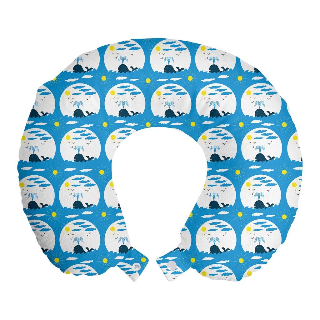 

ABAKUHAUS Подушка для путешествий Whales, поддержка шеи, солнечные лучи, волны, облака, круги, пенопластовые дорожные принадлежности для самолетов и автомобилей, 30x30 см, небесно-голубой, желтый, белый