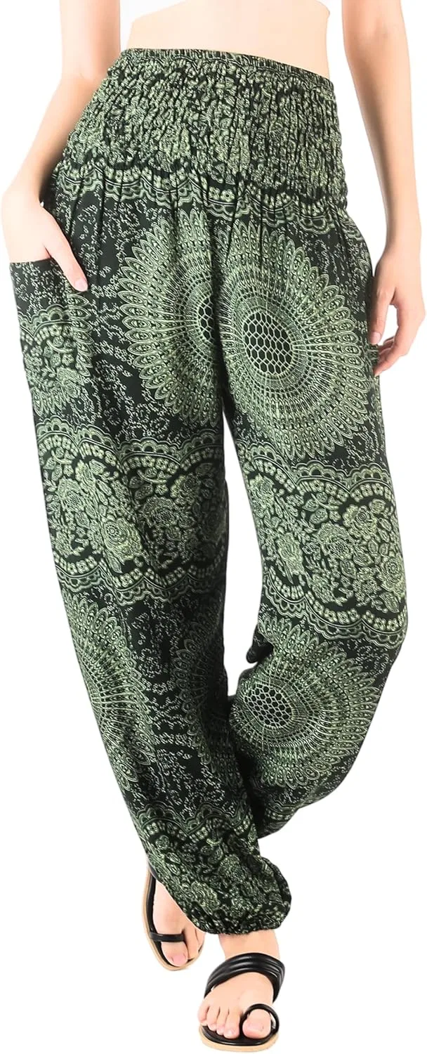 Boho Pants | Женские шаровары с карманами | Мягкая и дышащая струящаяся пижама | Мягкие штаны для йоги | Одежда в стиле хиппи для женщин, Mandala Green
