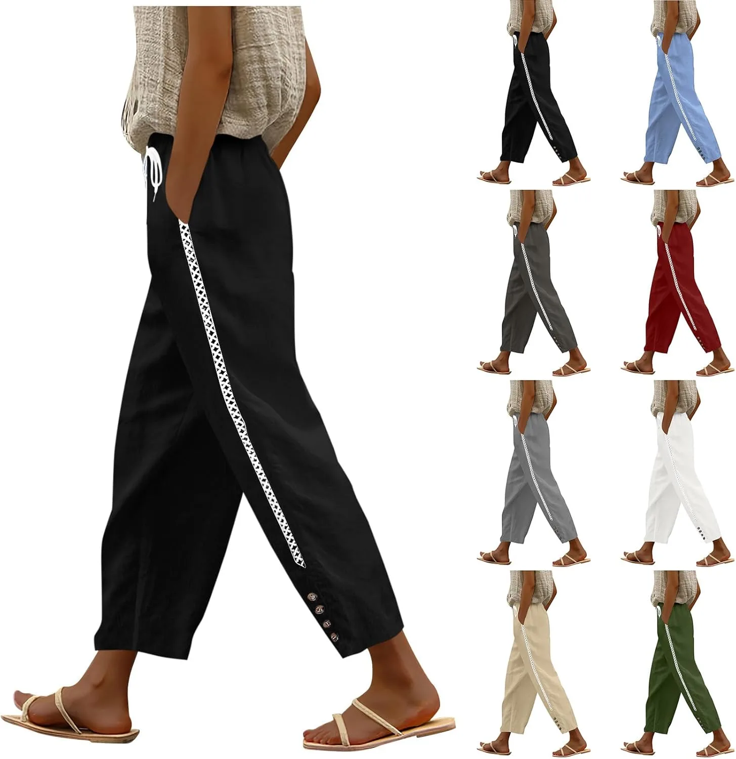 Летние брюки для женщин 2026 Casual Cotton Linen на кулиске широкие свободные с высокой посадкой для отдыха на пляже Generic, черный