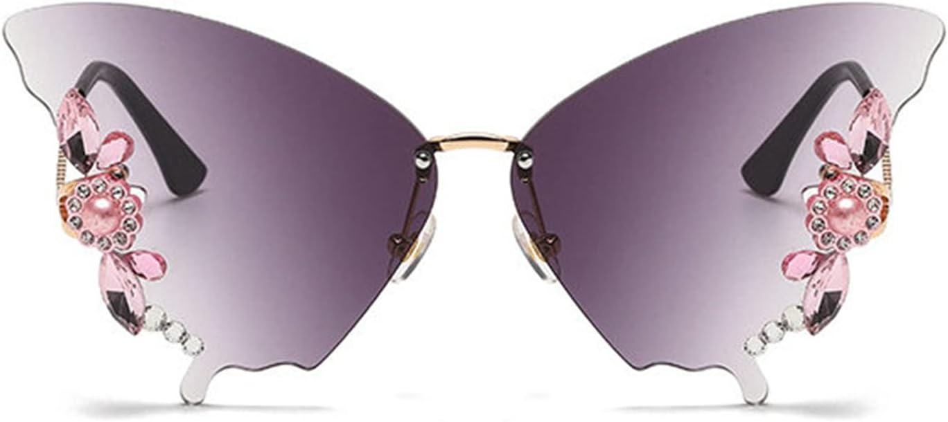 

Willochra Женские солнцезащитные очки без оправы Модные солнцезащитные очки с бабочками и бриллиантами Многоугольная безрамочная модель Солнцезащитные очки для вечеринок Защита от УФ-излучения, Gary