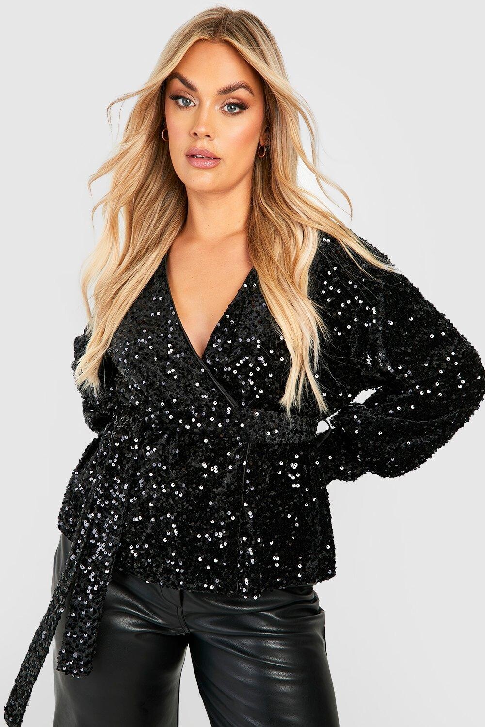 

Бархатный топ с пайетками plus Boohoo, черный