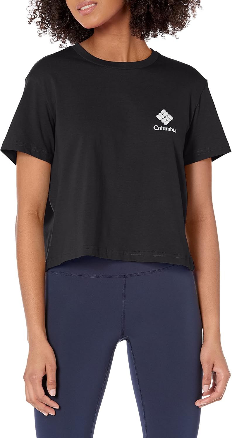 

Columbia Women's North Cascades укороченная футболка, Black/Framed Halftone Logo Graphic, Черный, Columbia Women's North Cascades укороченная футболка, Black/Framed Halftone Logo Graphic