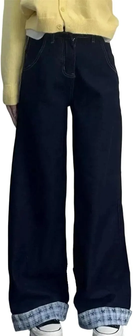 

Женские джинсы с высокой талией и широкими штанинами в стиле пэчворк