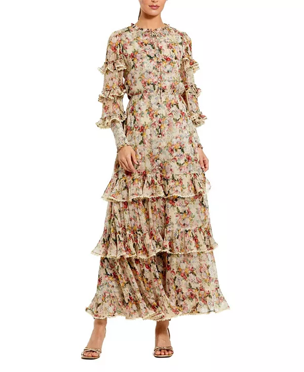 

Платье миди из вискозы с цветочным принтом, длинными рукавами и оборками. Mac Duggal, мультиколор