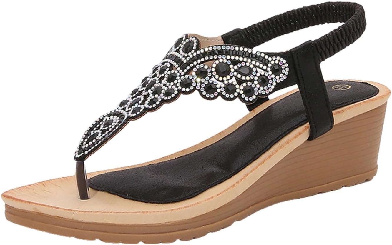 

Женские сандалии на танкетке, шлепанцы с декоративными стразами, элегантные сандалии на ремешке с открытым носком, с эластичным ремешком на щиколотке, блестящие свадебные и подружки невесты сандалии Tazeap, черный