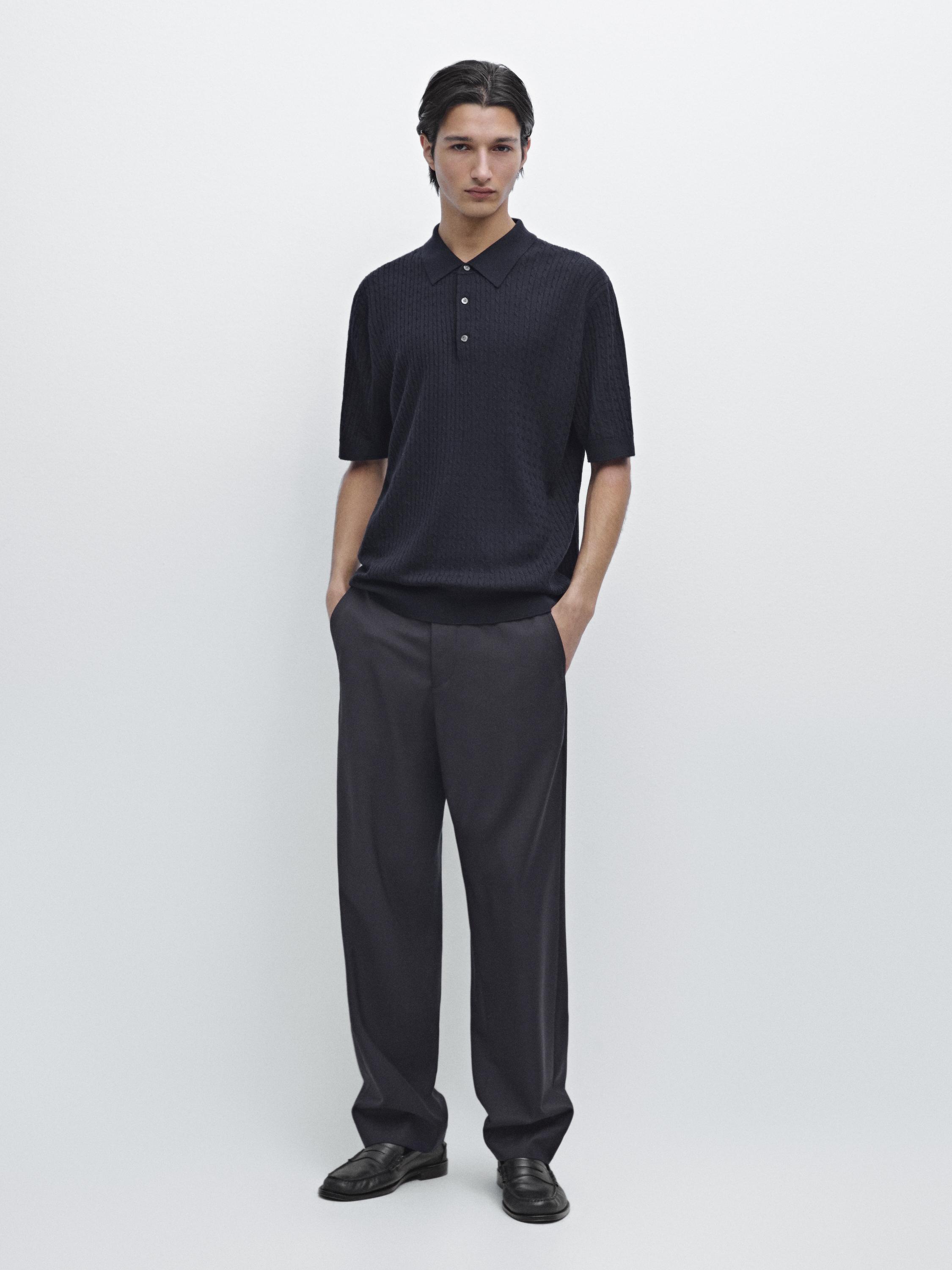 

Вязаный свитер-поло из мериносовой шерсти Massimo Dutti, navy blue