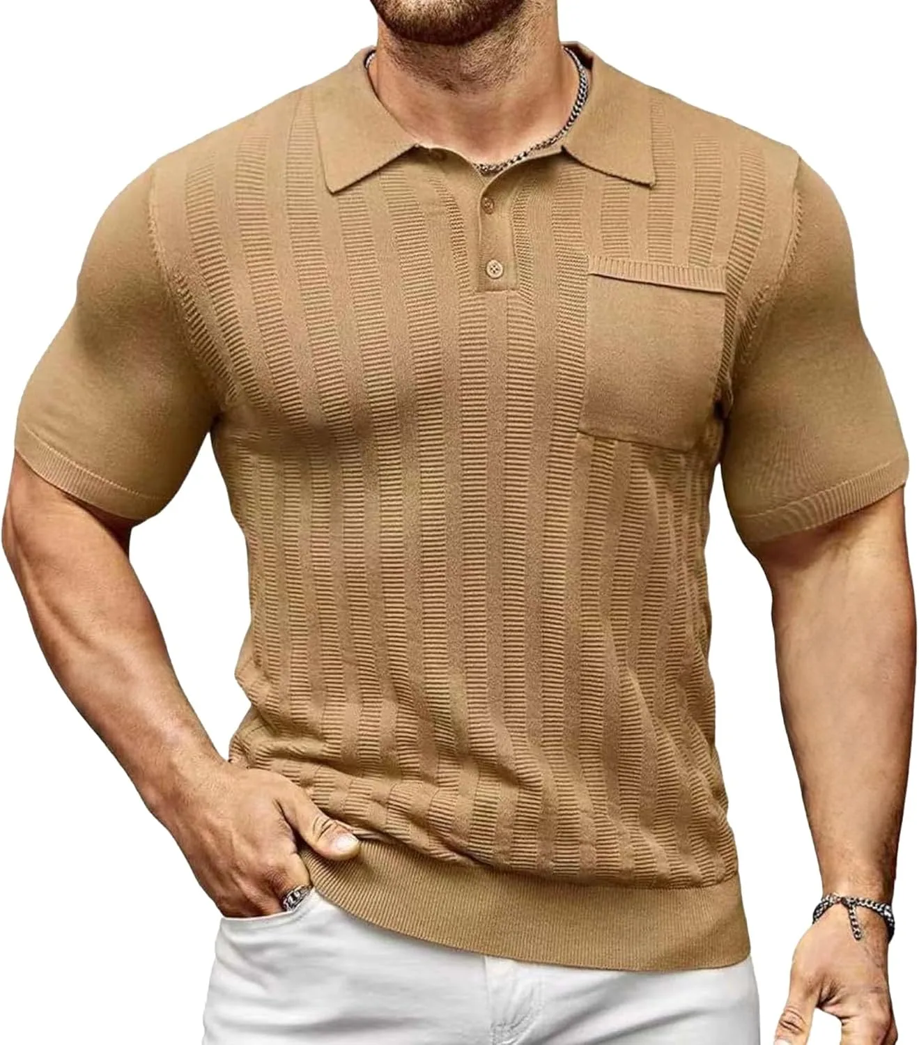 

Мужская футболка-поло Maiyifu-GJ с коротким рукавом, ребристая, облегающая, V-образный вырез, легкая, дышащая