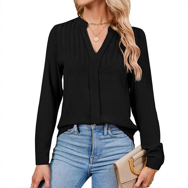 

Женский топ с длинным рукавом, V-образным вырезом и стойкой с плиссированными деталями Clearflower