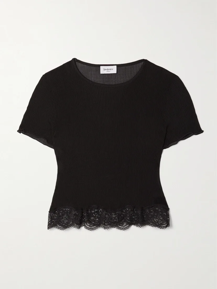 Укороченный шелковый топ в рубчик с кружевной отделкой SAINT LAURENT, черный