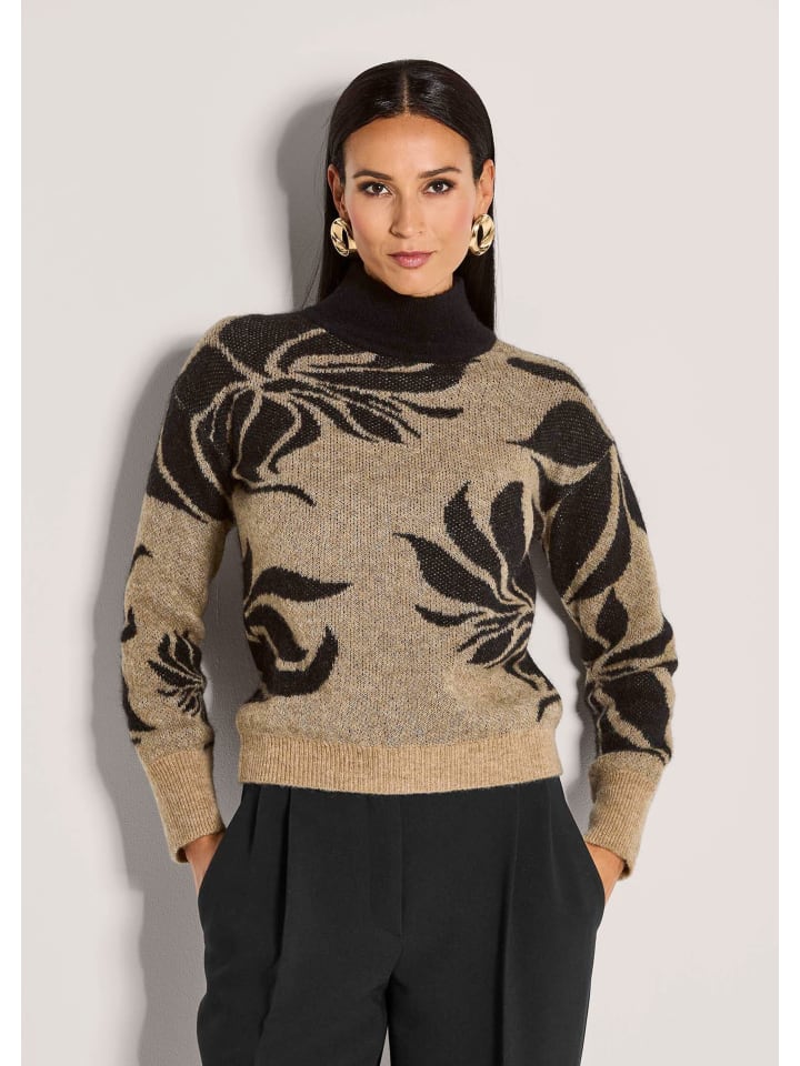 

MADELEINE Стильный шерстяной свитер с цветочным жаккардовым узором карамельно-черного цвета