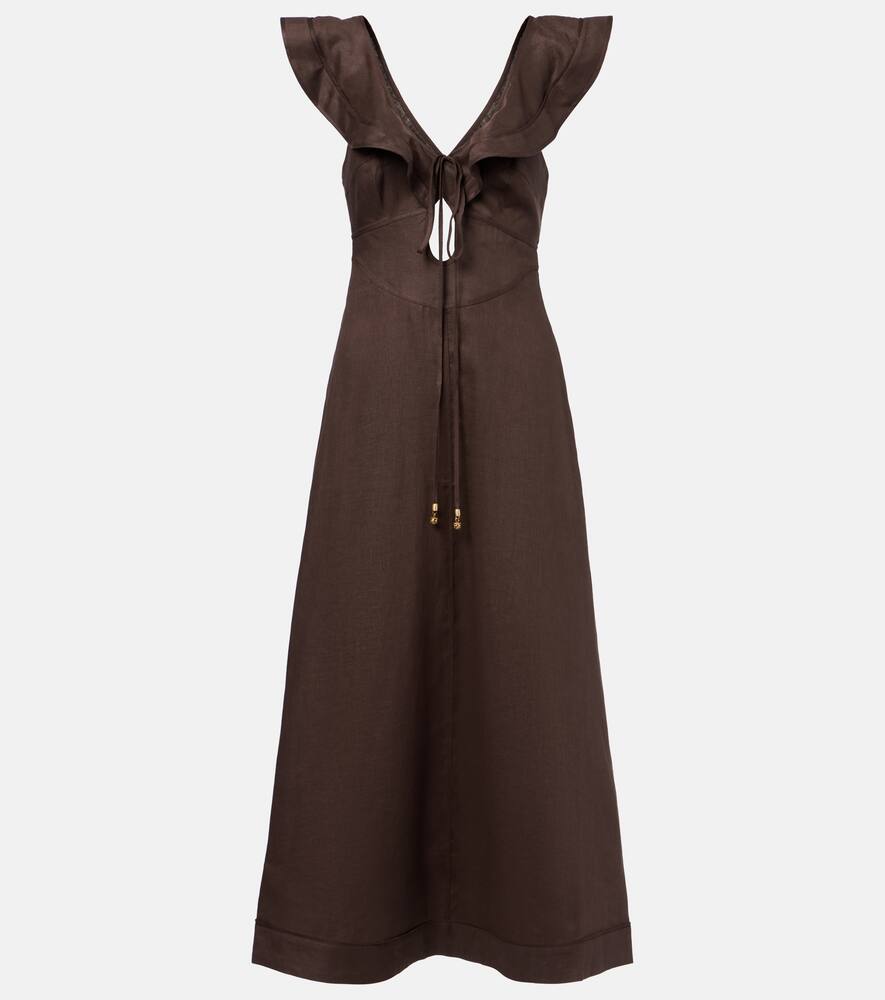 

Платье миди Rhiannon с рюшами из льна Zimmermann, Chocolate