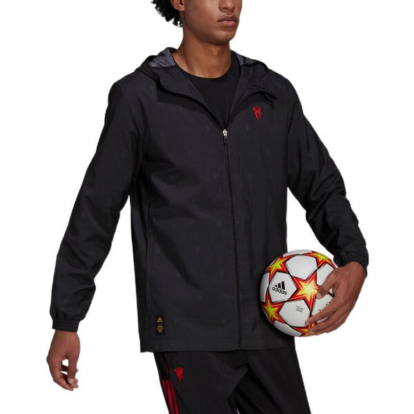 Куртка Men's adidas Logo Manchester United Soccer/Football Label Zipper Hooded Jacket Black, черный — фото 2