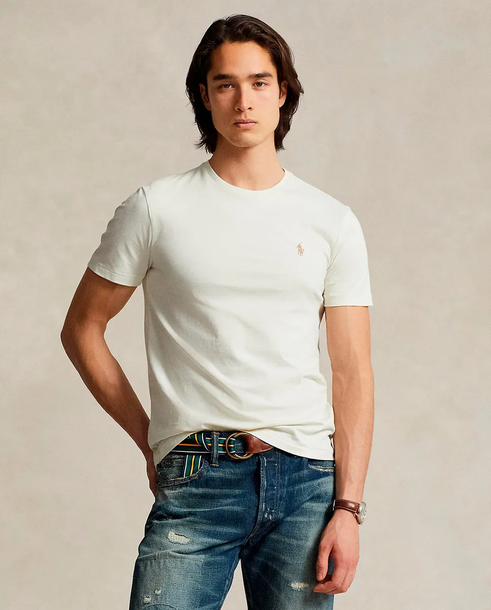 

Мужская хлопковая футболка с вышитым логотипом Polo Ralph Lauren, кремово-белый