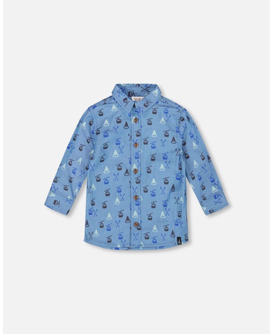 

Детская рубашка из шамбре с длинными рукавами и пуговицами, синяя, с принтом - для малышей/детей Deux par Deux, Blue