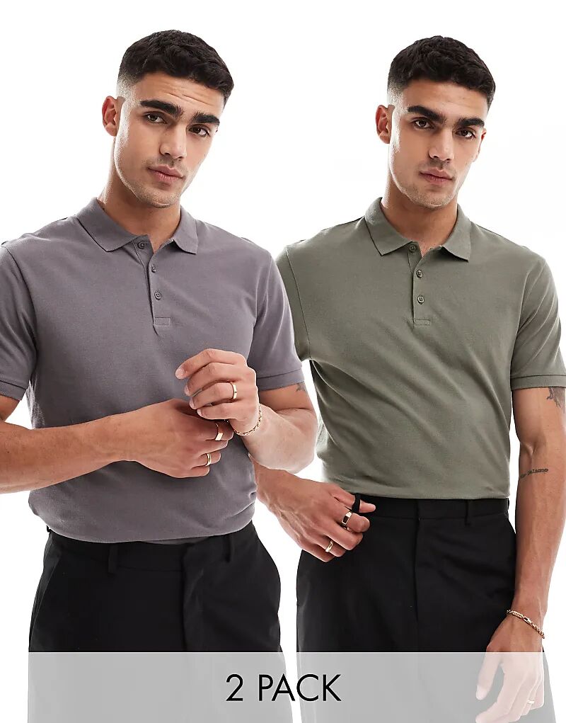 

ASOS DESIGN, набор из 2 рубашек-поло из пике, цвета уголь и хаки