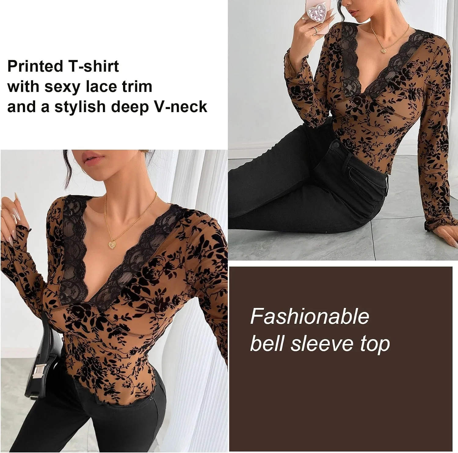 Блуза с V-образным вырезом, кружевная, принт, slim fit, светло-коричневый — фото 3