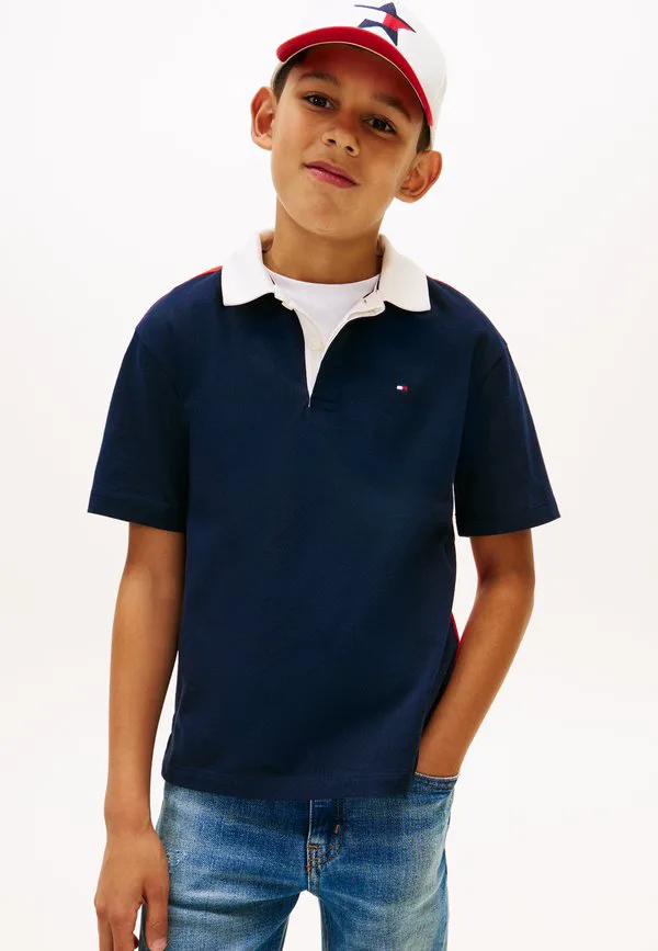 Фирменная рубашка-поло для регби с цветовыми блоками. Tommy Hilfiger, Dark Night Navy