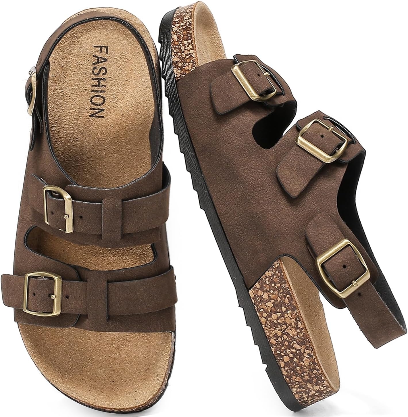 

Сандалии на пробковой подошве с задним ремешком, двойной пряжкой, удобной стелькой, сандалии-клоги для женщин и мужчин Yorfotmae, коричневый