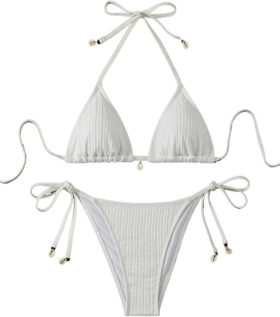 Сексуальный купальник-бикини из двух частей с высокой талией, однотонный, с завязками на шее, для летнего пляжного отдыха