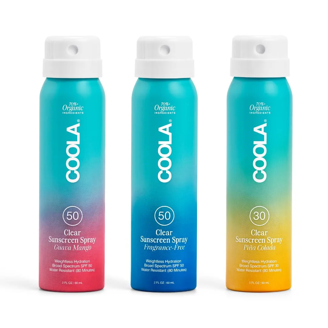 COOLA Organic Sunscreen SPF 50 и 30 Sunblock Spray Kit, дерматологически протестированный уход для ежедневной защиты, Vegan и Gluten Free, Travel Size, 59 мл, 3 шт