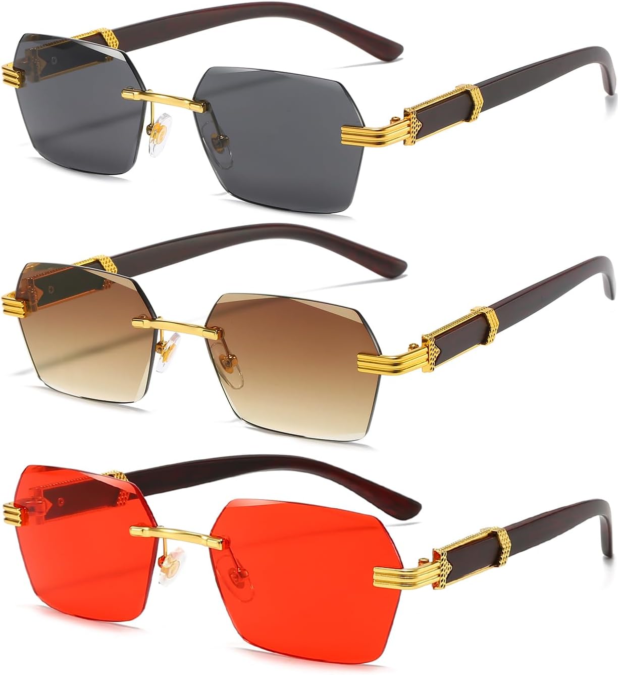 

Солнцезащитные очки AIEYEZO в стиле ретро, ​​без оправы, прямоугольные, унисекс, винтажные, безрамочные, модные, квадратные, тонированные, 3 Pack (Gold/Grey + Gold/Brown + Gold/Red)